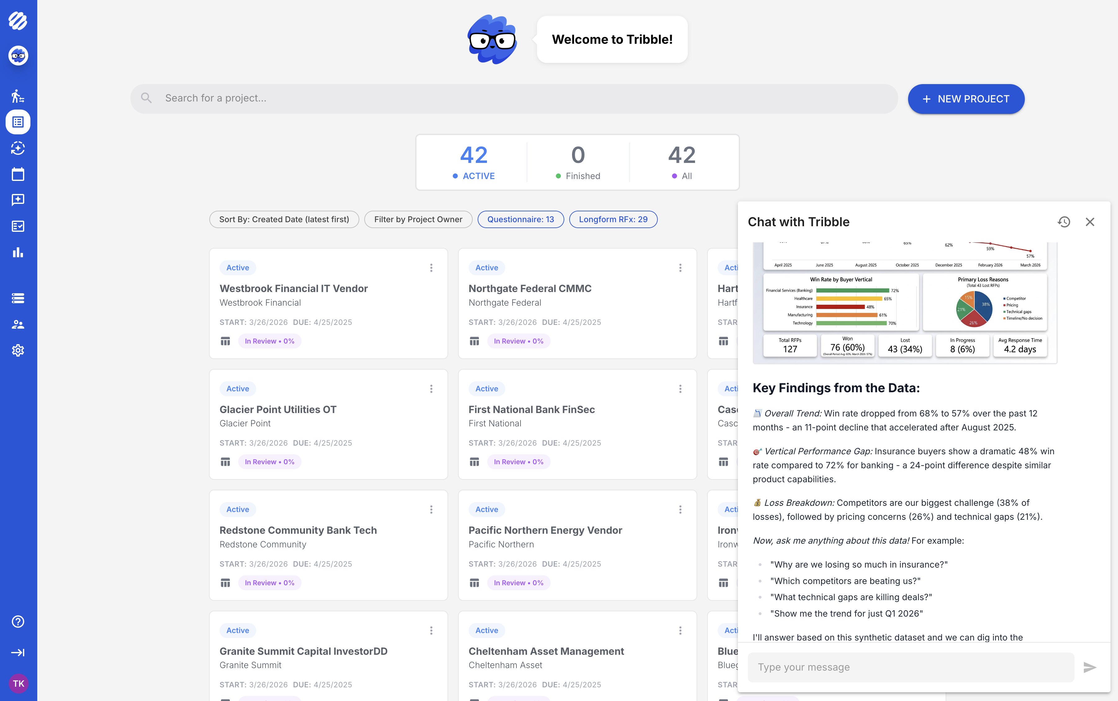 Tribble sales agent workspace showing key findings and deal follow-up context