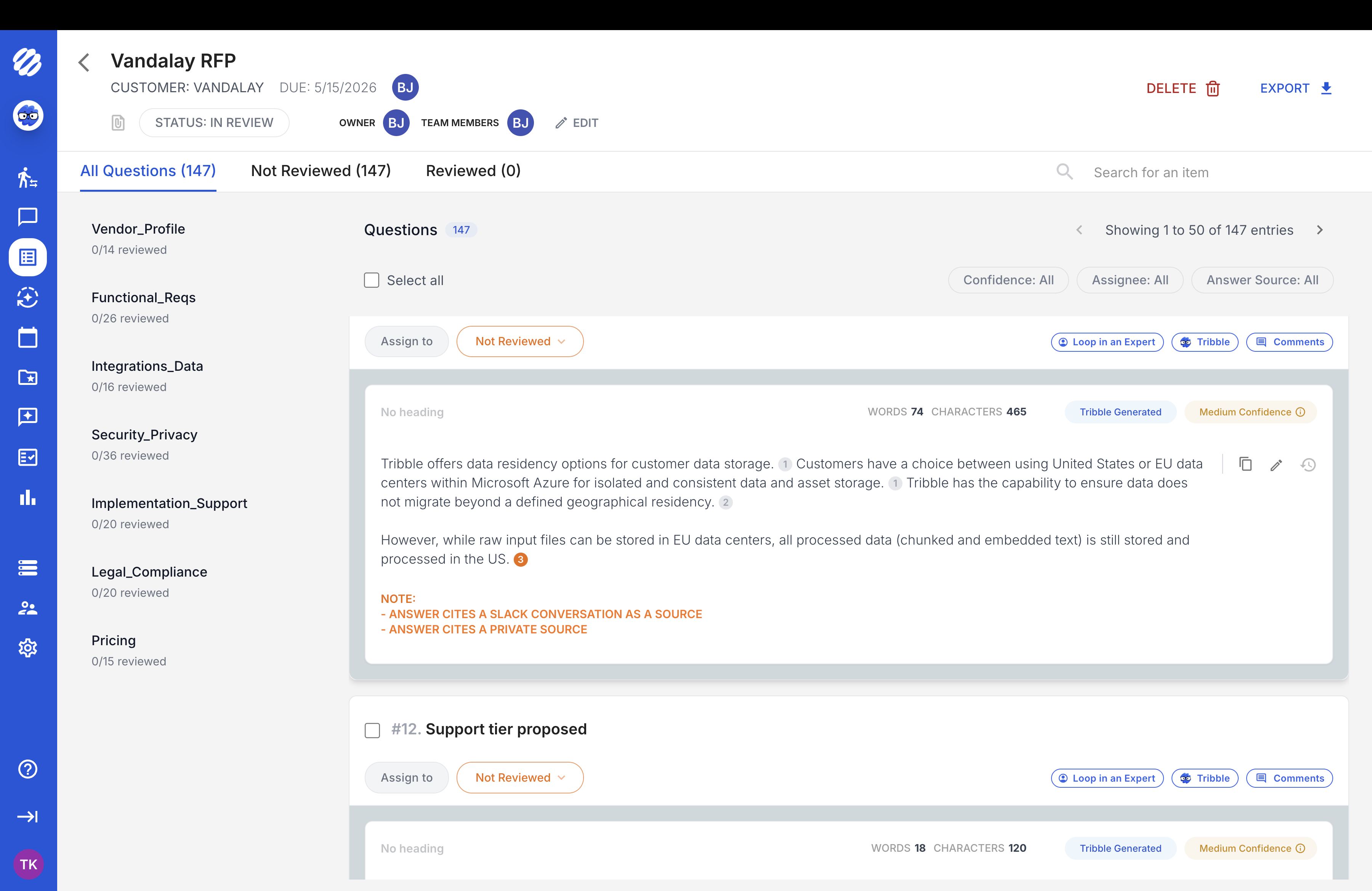Tribble response review showing governance flags and source attribution on questionnaire answers
