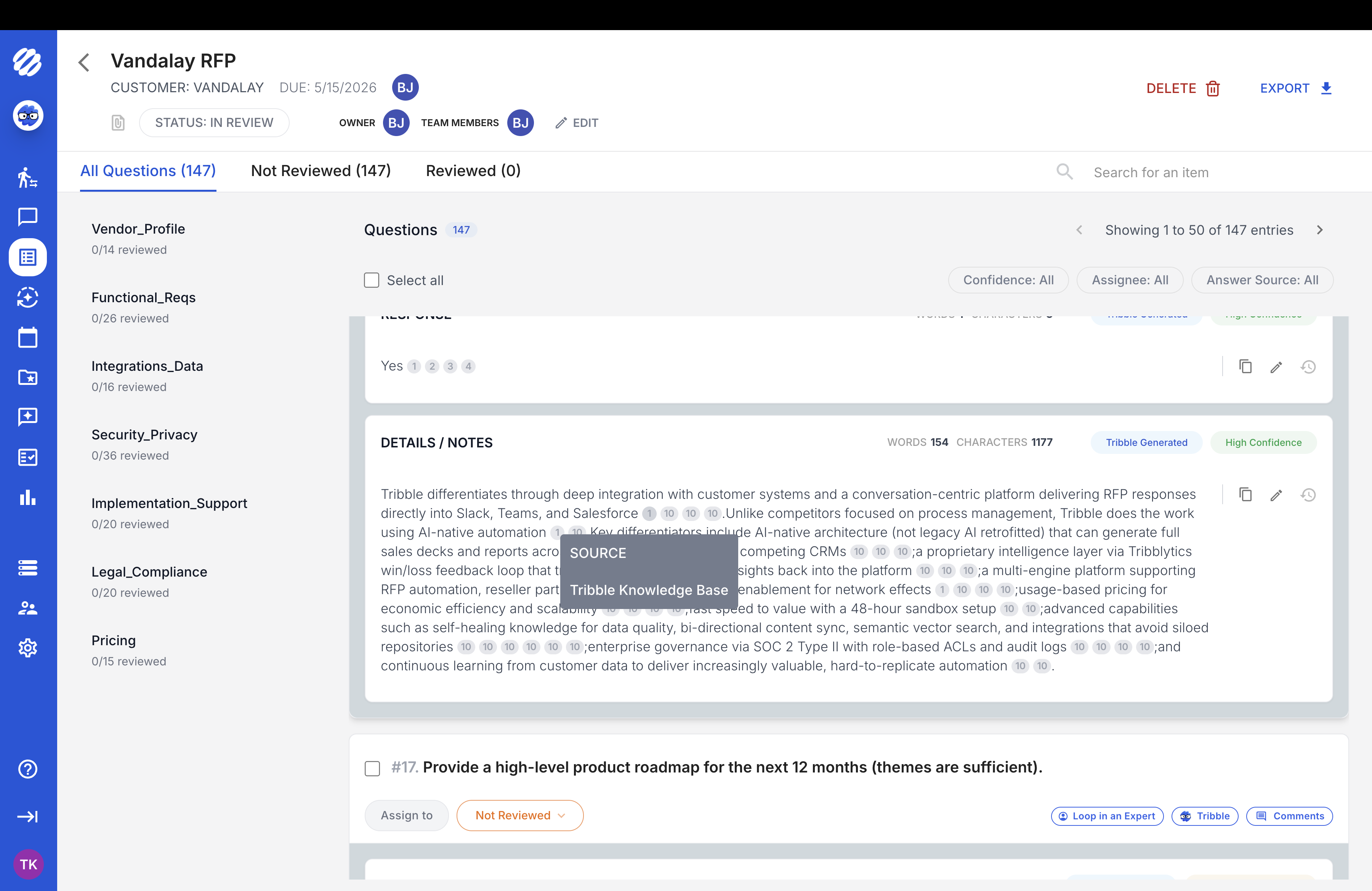 Tribble response showing sourced answers with Tribble Knowledge Base citation and confidence context