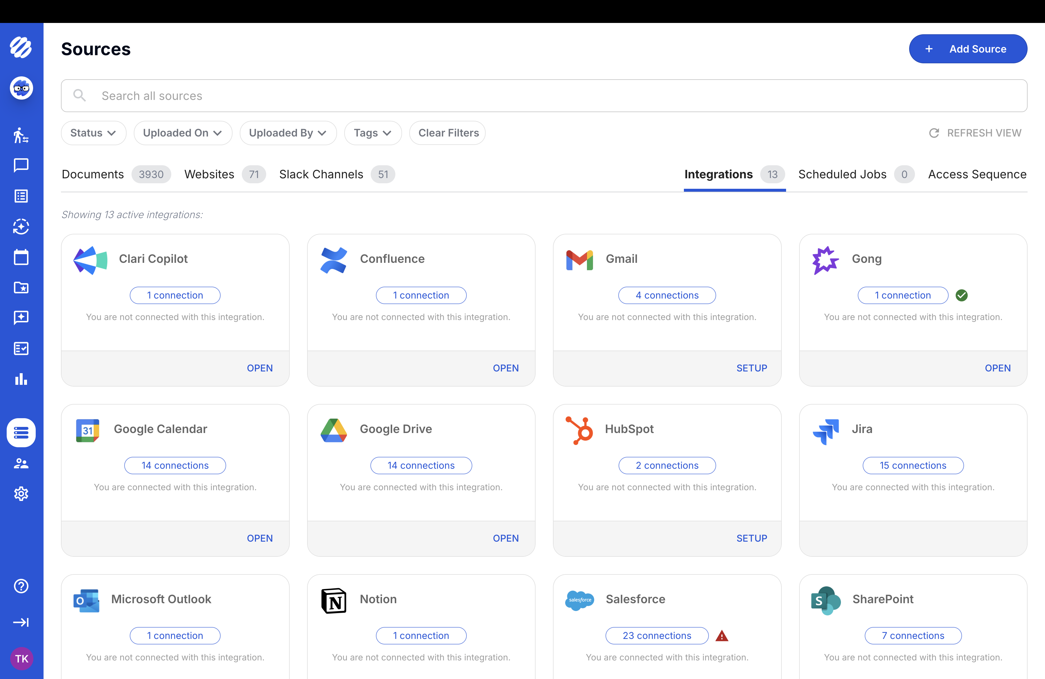 Tribble sources page showing 13 active integrations including Gong, Salesforce, Google Drive, Jira, and SharePoint