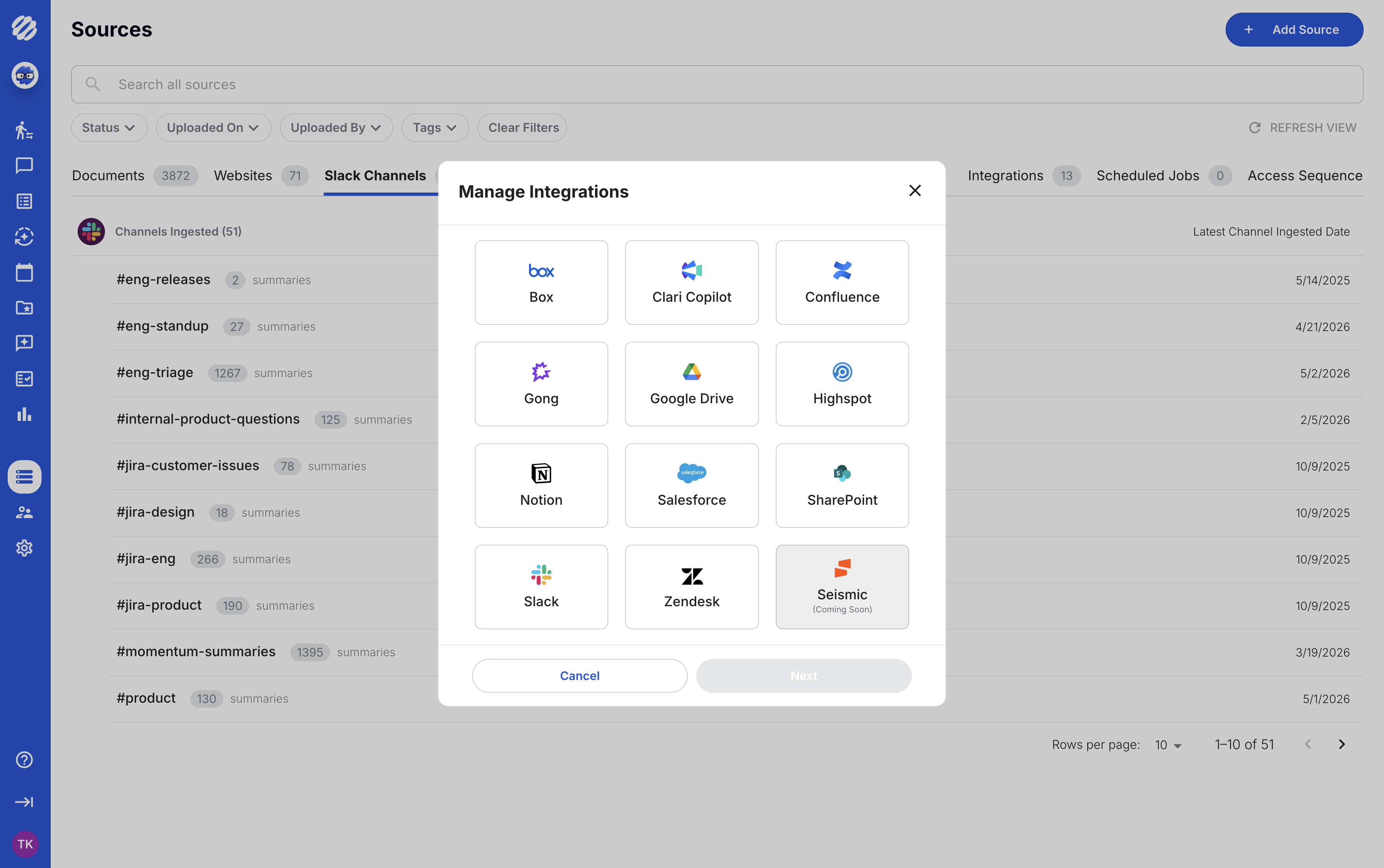 Tribble sources page showing connected enterprise integrations and source systems